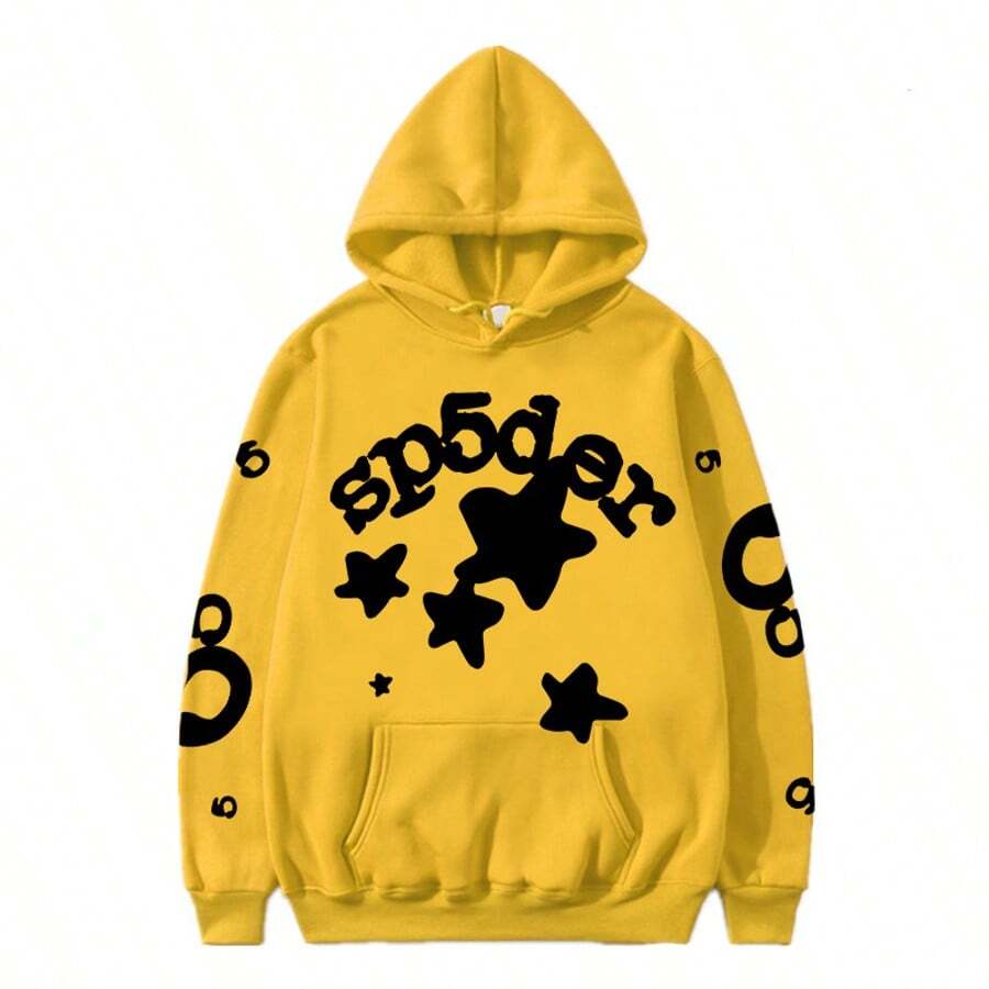 Women's And Men's Fashion Street Hoodeds And Pants- Playful Star And Letter Print, Loose Casual Design, Preferred Daily Sports And Streetwear  Colorblock  Letter  Star    Casual    Pocket  Drawstring - Áo nỉ màu vàng - Xem 1