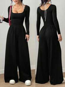Women's Casual Pleated Loose Straight Jumpsuit - Black - View 1