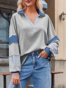Womens Oversized Polo Sweatshirt Color Block V Neck Long Sleeve Loose Casual Pullover Tops - Grey - View 2