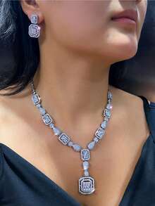 1 套闪亮奢华长方形锆石吊坠婚礼项链和耳环迪拜新娘派对珠宝套装女士