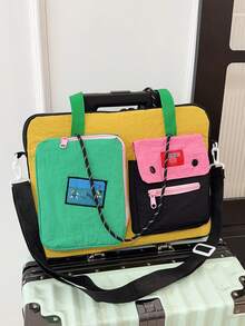 韩版多巴胺拼色 16 英寸笔记本电脑包，多功能单肩斜挎包，大容量，方便通勤，休闲拼色背包女士秋季大学必备笔记本电脑包女士 书包笔记本电脑套返校 - 黑色 - 查看 7