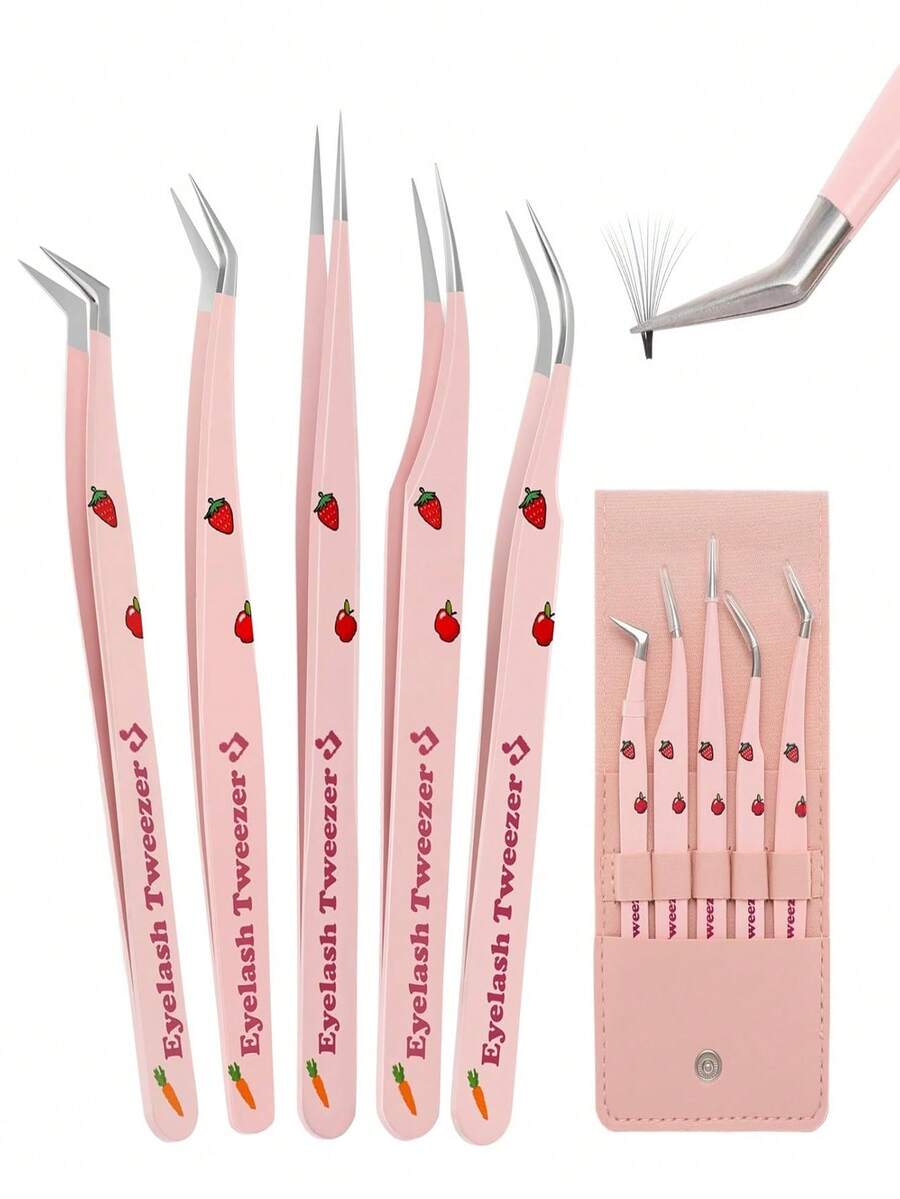 5pcs/1pc Professional Eyelash Extension Tweezers Set, Including Precision Feather Tip Tweezers, Straight And Curved Eyelash Curler Tweezers, Round Head Feather Tweezers, Suitable For Beginners And Eyelash Technicians, Perfect For Placing Eyelashes And Shaping Eyebrows, Handmade, Delicate Craftsmanship, Women's Gift, Beauty Industry, Christmas, Halloween, Holiday, Back To School Gift, Makeup Essentials - Pink - View 1