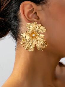 1 对时尚优雅的金属金花珍珠吊坠耳环，适合女性日常、派对和节日装扮 - 金黃色 - 查看 1