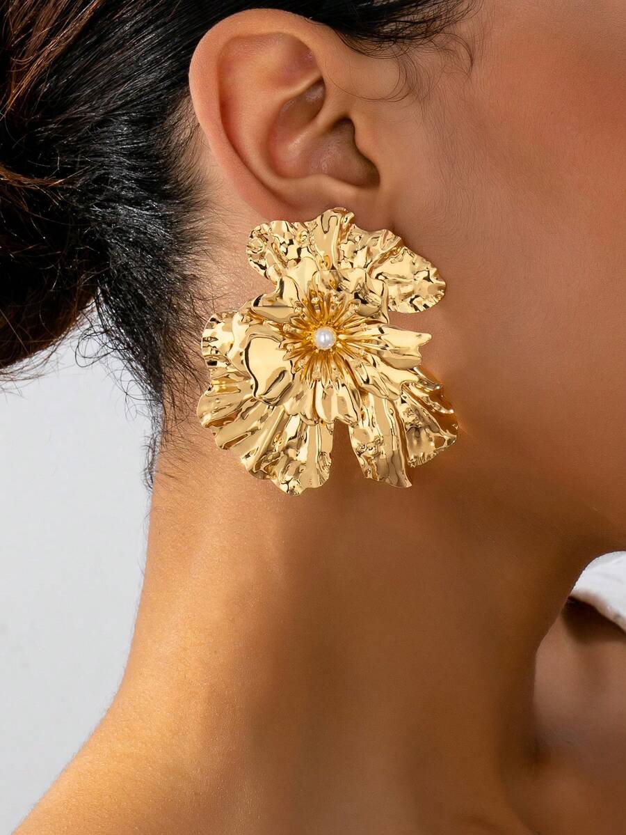 1 对时尚优雅的金属金花珍珠吊坠耳环，适合女性日常、派对和节日装扮 - 金黃色 - 查看 1