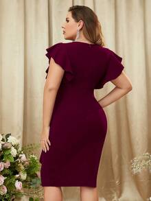 Plus V Neck Flounce Sleeve Contrast Ruffle Hem Evening Party Bodycon Dress - 紫紅色 - 查看 2