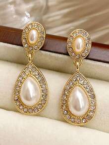2pcs Vintage French Style Faux Pearl Teardrop Clip-On Earrings, Simple Elegant Crystal Geometric Earrings For Non-Pierced Ears - Yellow Gold - View 1