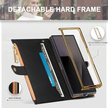 商务时尚多功能拉链钱包式真皮手机壳，采用电镀饰边，配备 S Pen 手写笔、支架功能和腕带，设有卡槽和现金槽，以及镜头保护膜，适用于三星 Galaxy Fold 5/6/7。 - 黑色 - 查看 3