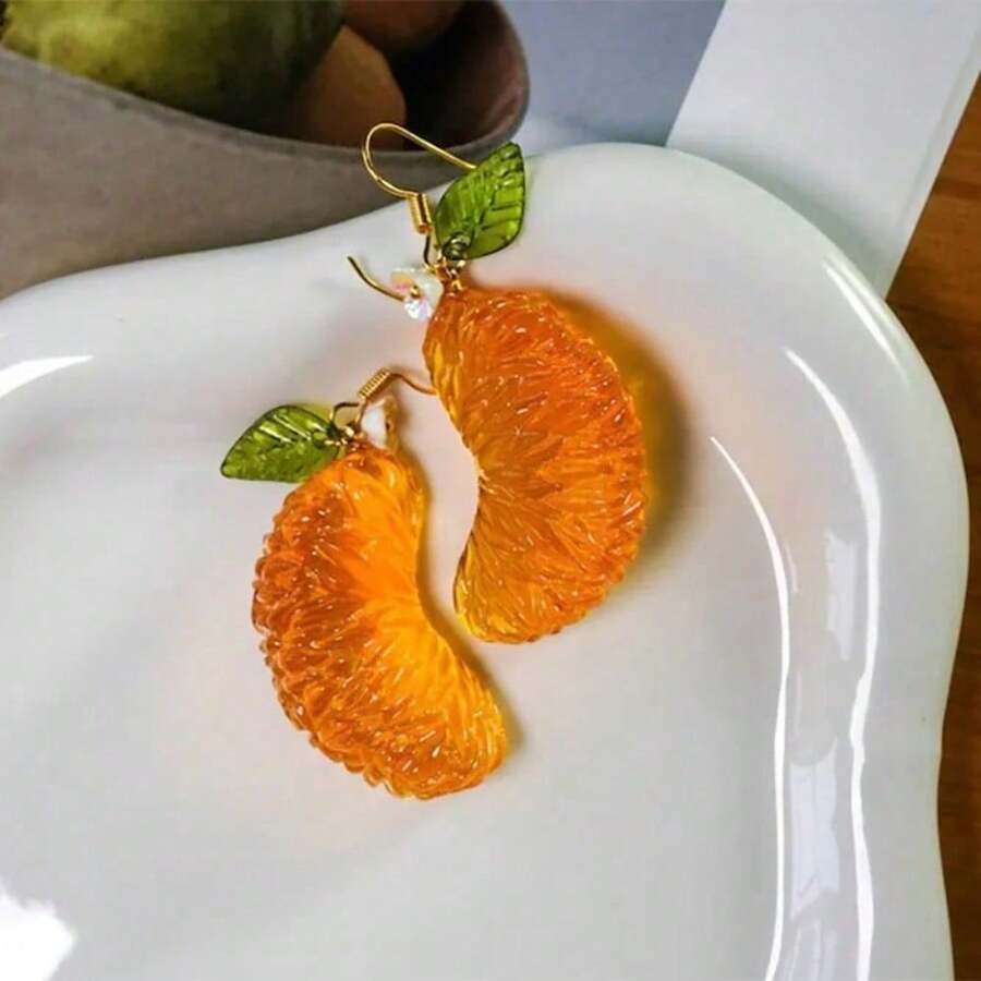 2 Pieces Of Fashion And Creativity, Cute Green Leaf Orange Grapefruit Fruit Earrings, Golden Earrings, Daily Wear Gifts - 1 cặp - Xem 1