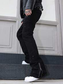 Men's Skinny Jeans, Stretch Denim Jeans With Flared Leg, Cotton Fabric With Slant Pockets, Frayed Hem Casual Jeans