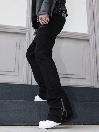 Herr Skinny Jeans, Stretchiga Denimjeans med Utsvängda Ben, Bomullstyg med Sneda Fickor, Frayed Ben Casual Jeans