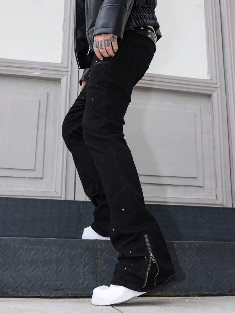 Men's Skinny Jeans, Stretch Denim Jeans With Flared Leg, Cotton Fabric With Slant Pockets, Frayed Hem Casual Jeans