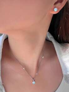 1 Set 925 Sterling Silver Mystical Blue Fire Opal Round Stud Earrings And Pendant Necklace Jewelry Set, Engagement/Party/Holiday Gift For Women - Blue - View 8