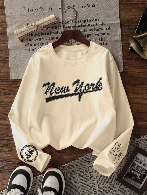 1 pieza Camiseta de manga larga con estampado casual para niño preadolescente, para primavera/otoño, ropa de estudiante joven, de moda, ajuste cálido y cómodo para adolescentes varones