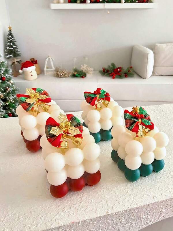 Bow Cube Aromatherapy Candles, Christmas Home Decoration Candles, Christmas Gift Decoration Including Aromatherapy Candles, Christmas Home Decoration Paraffin, Home Atmosphere Decoration, Home Candlestick Gifts Suitable For Women's Gifts, Winter Gifts Christmas Decorations Room Decor, Christmas Gifts