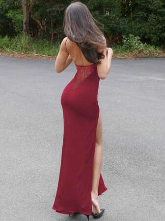 Damska, jednokolorowa, seksowna, z odkrytymi plecami i rozcięciem, dopasowana, elegancka suknia na imprezę, wakacje, bal, wieczór