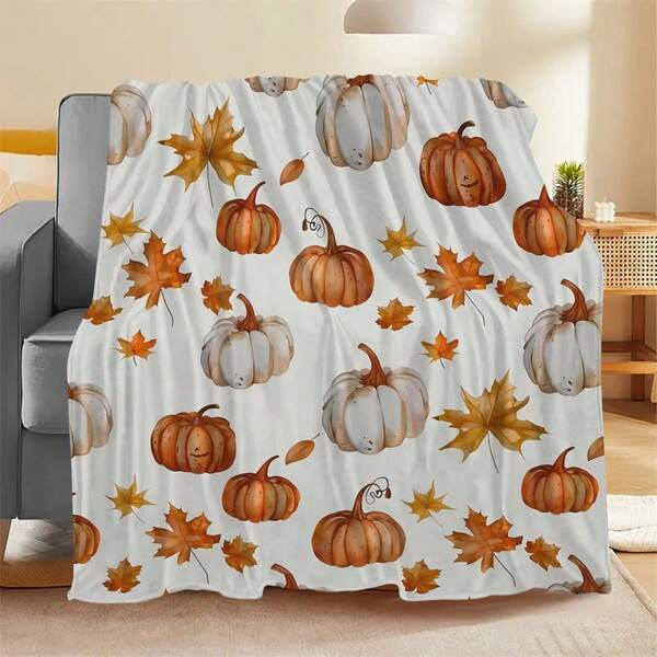 Manta de lujo y suave para otoño, manta de tiro con estampado de calabaza y hoja de arce, ligera y acogedora, manta de franela suave y cálida para sofá, cama, sala de estar, otoño