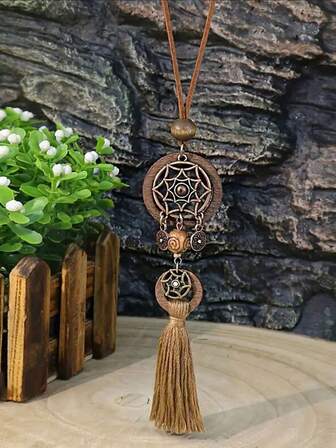 1 st Bohemian Dream Catcher Wood Beaded Tofs Långt halsband, hängande tillbehör