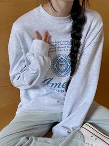 Sweatshirt Pullover Lengan Panjang Leher Bulat Warna Abu-abu Muda Wanita YIU, Detail Rajutan Bergaris dan Pola Cetak, Gaya Streetwear Kasual - Grey - View 7
