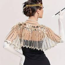 1pc 1920s Elegant Vintage Sequin Shawl, Beaded Embroidered Lace Trim Versatile Capelet Shawl, Breathable Women Party Dress Accessory Shawl/Bolero, Fashion Party Evening Gown Accessory
