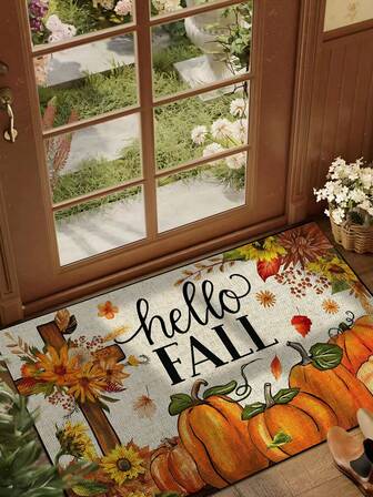 1pc Autumn Harvest Interesting Cross Pumpkin Welcome Doormat, Funny Style Short Plush Quick-Dry Non-Slip Washable Entrance Mat, Home Decor, Suitable For Kitchen, Bathroom, Dining Room, Entryway, Party, New Year, All Seasons, Yard Decoration