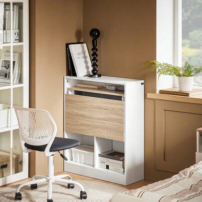 SoBuy Home Office Folding Table Desk Computer Desk Workstation With 5 Storage Shelves White And Natural W70 X D57 X H85cm FWT104-WN