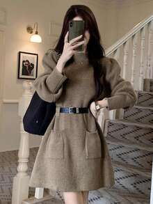 2025新款纯色腰部口袋休闲家居长袖针织连衣裙，女款，秋冬季