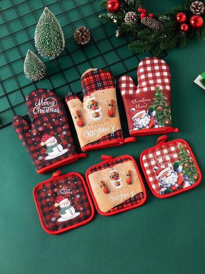 Luvas de forno para decoração de presente de Natal, 2 peças, feitas de poliéster, luvas para assar e cozinhar com conjunto de almofadas isolantes térmicas, luvas isolantes térmicas para cozinha, conjunto de almofadas isolantes térmicas para restaurantes e Natal