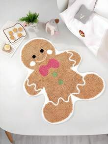 1pc Christmas Gingerbread Man Mat – Soft Faux Cashmere, Lightweight, Washable, Non-Slip & Fluffy | Festive Design With Pink Bowknot & Green Icing, For Christmas, Thanksgiving & Bedroom/Living Room Decor - Multicolor - View 1