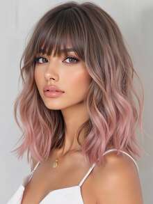 14 Inch Ombre Pink Bobo Wig, Women's Curly Wavy Wig With Bangs, Short Heat Resistant Synthetic Wig, Suitable For Party Costumes And Daily Wear, Vibrant Colors - Pink - View 2