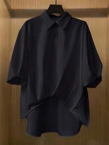 女式纯色不对称休闲短袖涤纶衬衫，夏季
