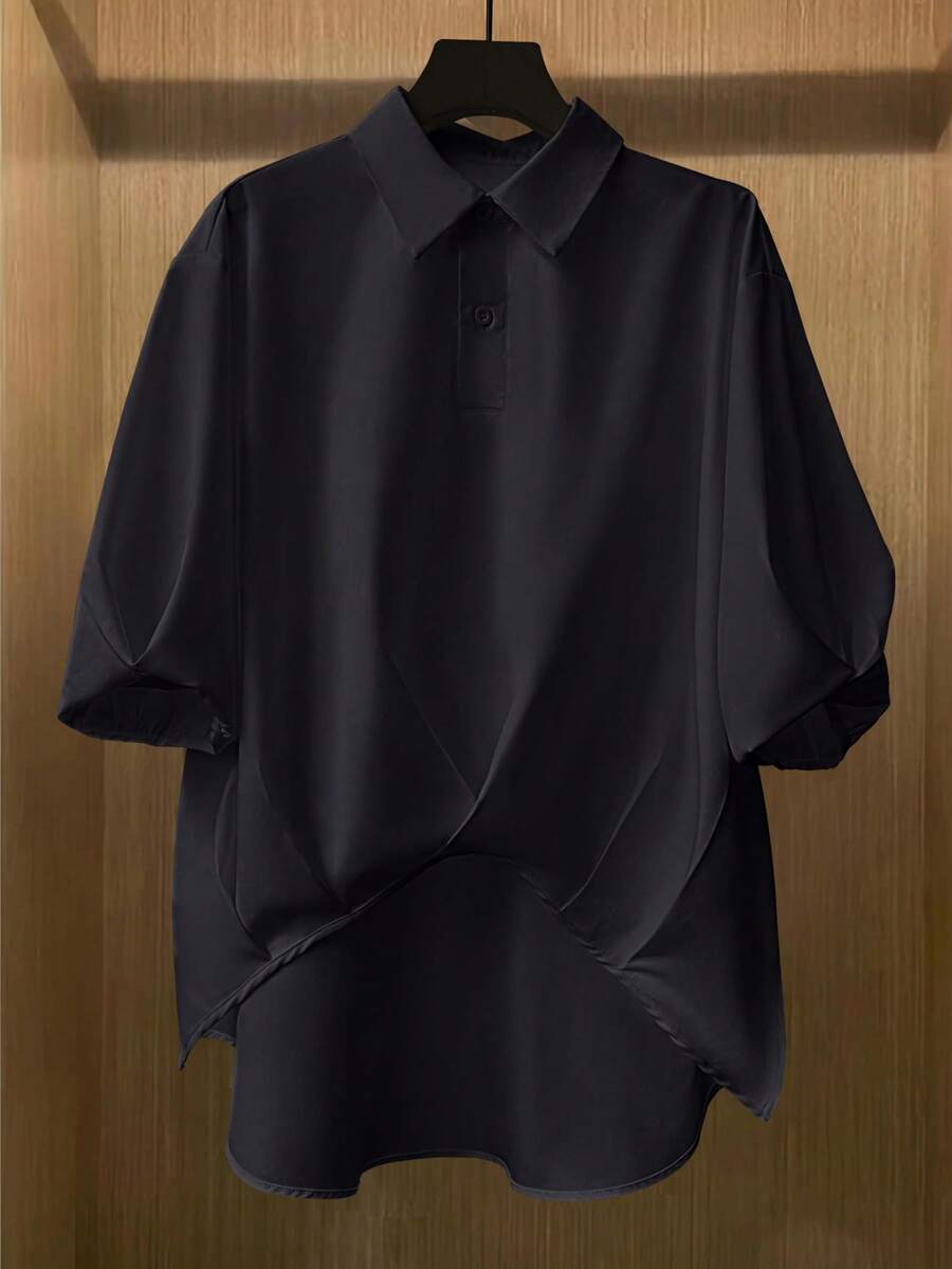 女式纯色不对称休闲短袖涤纶衬衫，夏季