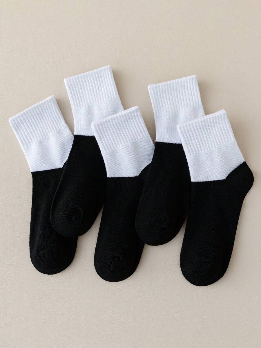 5 Pairs Classic Sports Style Student Socks, Suitable For Boys And Girls Aged 1-16, Suitable For Spring, Summer, Autumn And Winter, Round Neck Design, Easy To Wash, Black And White Color - Multicolor - View 1