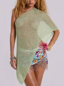 Women's Knit Tops Bell Sleeve Scoop Neck Sheer Sweater Crop Asymmetrical Tops - Green - View 5