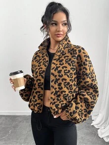 Leopard Print Fuzzy Zip-Up Drawstring Casual Jacket For Women