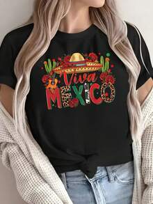 "Viva méxico" cuenta con camisetas estampadas con elementos. Sombreros anchos, rosas, guitarras y otros elementos que transmiten la pasión mexicana. 180G de algodón, ligeramente elástico, cómodo, transpirable y lavable a máquina. Añade un toque exótico a tus viajes diarios - camiseta de algodón para mujer - Negro - Ver 2
