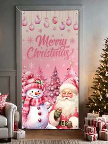 78*156cm 2D Pink Christmas Tree, Star, Snowman Decoration Christmas Polyester Door Flag Banner, Christmas Doorway Decor Fabric, Christmas Celebration, No Electricity Needed, Winter Decoration Fabric - Multicolor - View 4