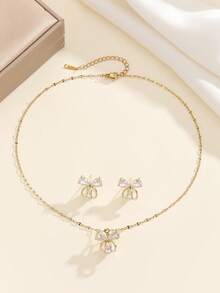 1pc Stainless Steel Chain Butterfly Cubic Zirconia Faux Pearl Pendant Necklace & Earrings Set, Versatile Elegant Luxury Butterfly Design Jewelry, Gift