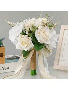 1支手持人造玫瑰花束，白色和香槟色，新娘和伴娘装饰（白色/香槟色，常规尺寸）