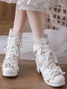 Sweet Lolita Style Women's Ankle Boots Round Toe Lace Trim Bow Accents Pearl Chains Lace Up Back Zipper Block Mid Heel Tea Party Cosplay Kawaii Looks Short Boots - 白色 - 查看 3