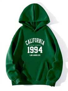 Sudadera con Capucha de Moda Casual para Hombre con Diseño de California 1994 - Amarillo Brillante, Manga Larga, Poliéster, con Bolsillo Frontal, Lavable a Máquina para Atuendo Casual, Sudadera Oversize - Verde Oscuro - Ver 1