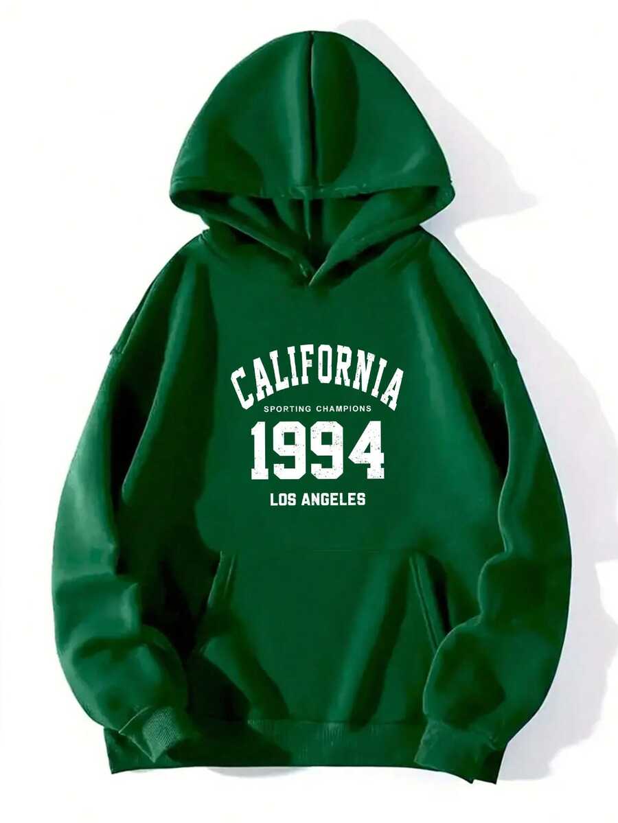Sudadera con Capucha de Moda Casual para Hombre con Diseño de California 1994 - Amarillo Brillante, Manga Larga, Poliéster, con Bolsillo Frontal, Lavable a Máquina para Atuendo Casual, Sudadera Oversize - Verde Oscuro - Ver 1