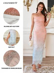 Elisanya 优雅粉蓝渐变抹胸长裙，适合新娘送礼会、圣诞节、新年、感恩节、派对、婚礼等场合。浪漫薄纱无肩带亮片修身连衣裙。 - pink with light blue - 查看 8