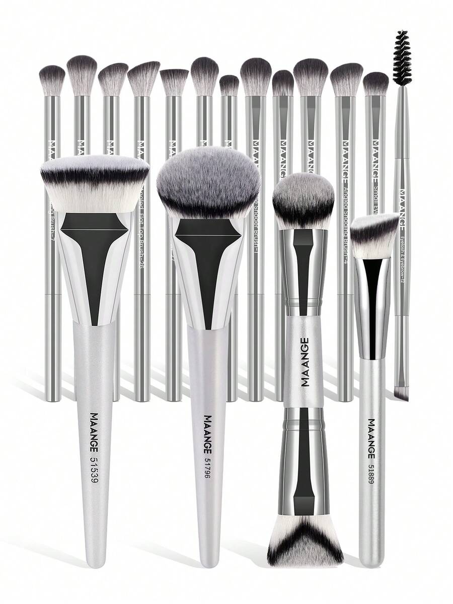 MAANGE 4/6/17/18pcs High-End Ultra-Soft Multifunctional Handheld Makeup Tools Kit Foundation Brush Powder Brush Blush Brush Concealer Brush Contour Brush Nose Contour Brush Eyeshadow Brush Detail Brush Face Brush Highlighter Brush Natural Synthetic Hair Dual Use Professional Cosmetic Brush For Daily Makeup On Face For Blending Liquid, Cream Or Flawless Powder Cosmetics Gift For Women & Girl - Silver - View 1
