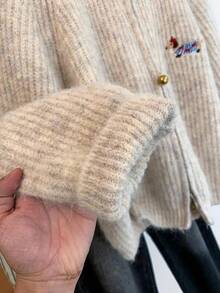 杏色小狗图案拉链女式春季毛衣外套，韩版短袖背心，日常百搭 - 杏色 - 查看 5