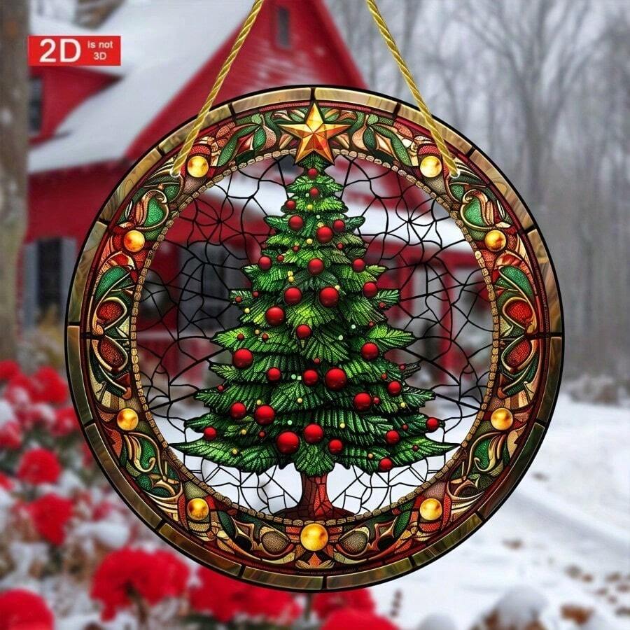 2D Plat Attrapeur d'Arbre de Noël Festif - Rond Acrylique de 8 Pouces X 8 Pouces à Suspendre à la Fenêtre pour Décorations de Fêtes et Toute l'Année, Idéal pour les Porches, Maisons et Jardins, Cadeaux Parfaits pour la Famille et les Amis