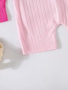 3 pièces Ensemble de combinaison côtelée de couleur unie pour bébé fille, vêtements de sport et extérieur - Rose bonbon - Voir 3