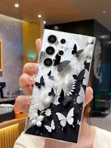 1pc Black & White Contrast Butterfly Flower Transparent Soft Phone Case Compatible With Samsung Galaxy A04e/12/A13/A14/A34/A50/A52/A53/A54/S21/S22/S23/S24/S25/S25Ultra