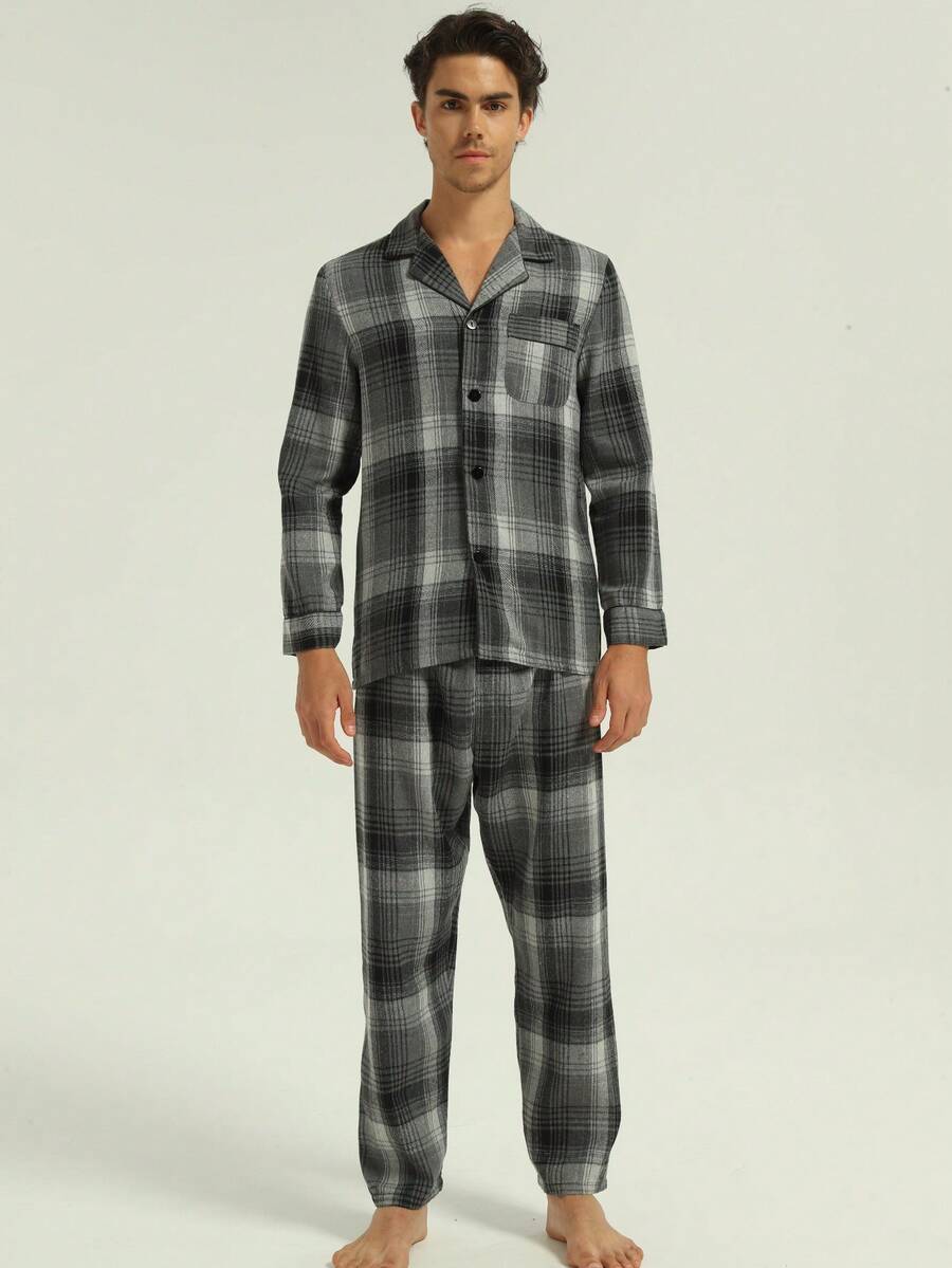 新款男士时尚休闲加厚冬季睡衣套装 - 灰色 - 查看 1