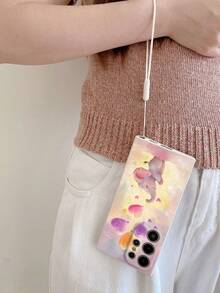 1 pieza Funda de teléfono a prueba de golpes con patrón de elefante y conejo de dibujos animados de TPU blanco y 1 pieza Correa de cordón de silicona blanco, compatible con teléfonos Apple/Android - Multicolor - Ver 3