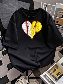 Camiseta de mujer con gráfico de corazón de béisbol y sóftbol, diseño desgastado, camiseta para entusiastas del deporte, top informal de algodón, regalo único para ella, camisa cómoda y elegante para todos los días (149) de gran tamaño - Negro - Ver 2
